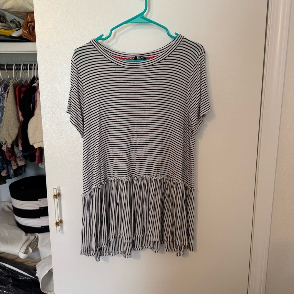 Bobeau Striped Black and White Large Peplum Top